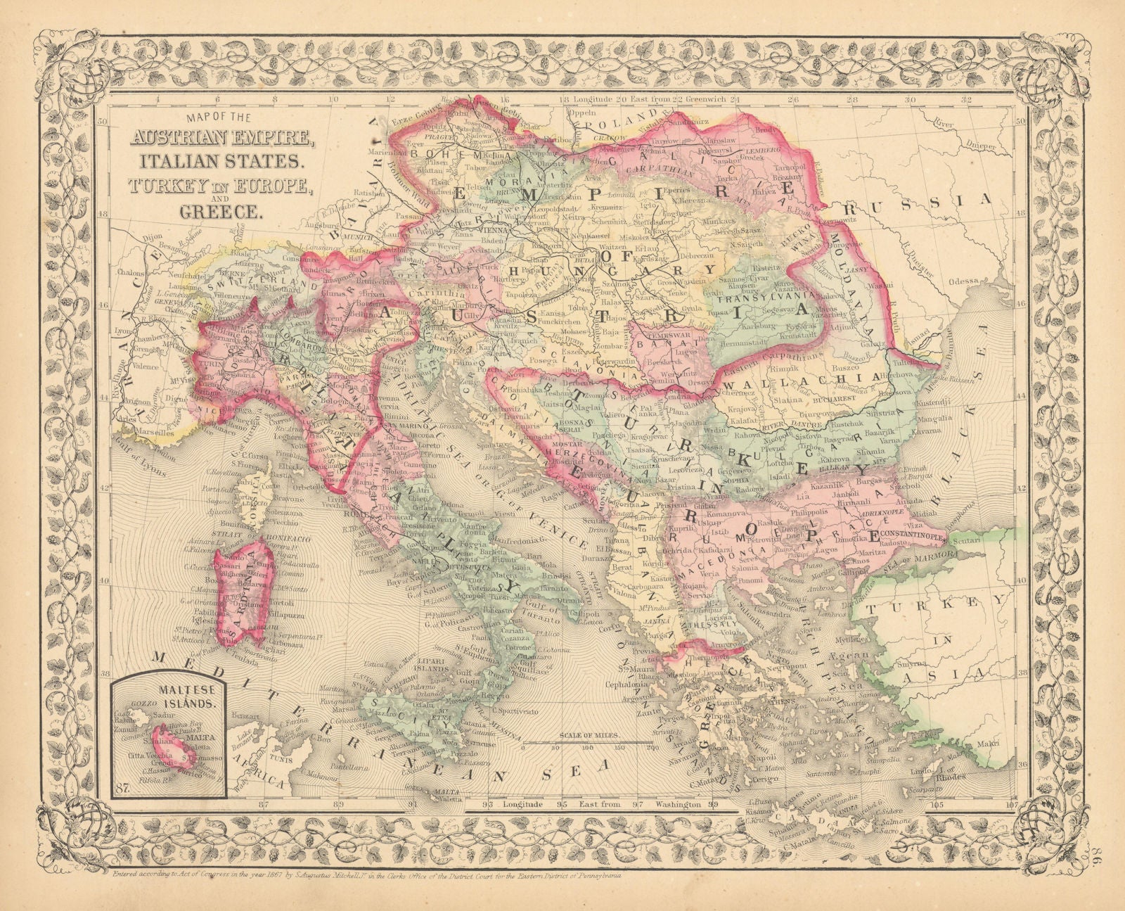 Austrian Empire, Italian States, Turkey in Europe & Greece. MITCHELL 1869 map